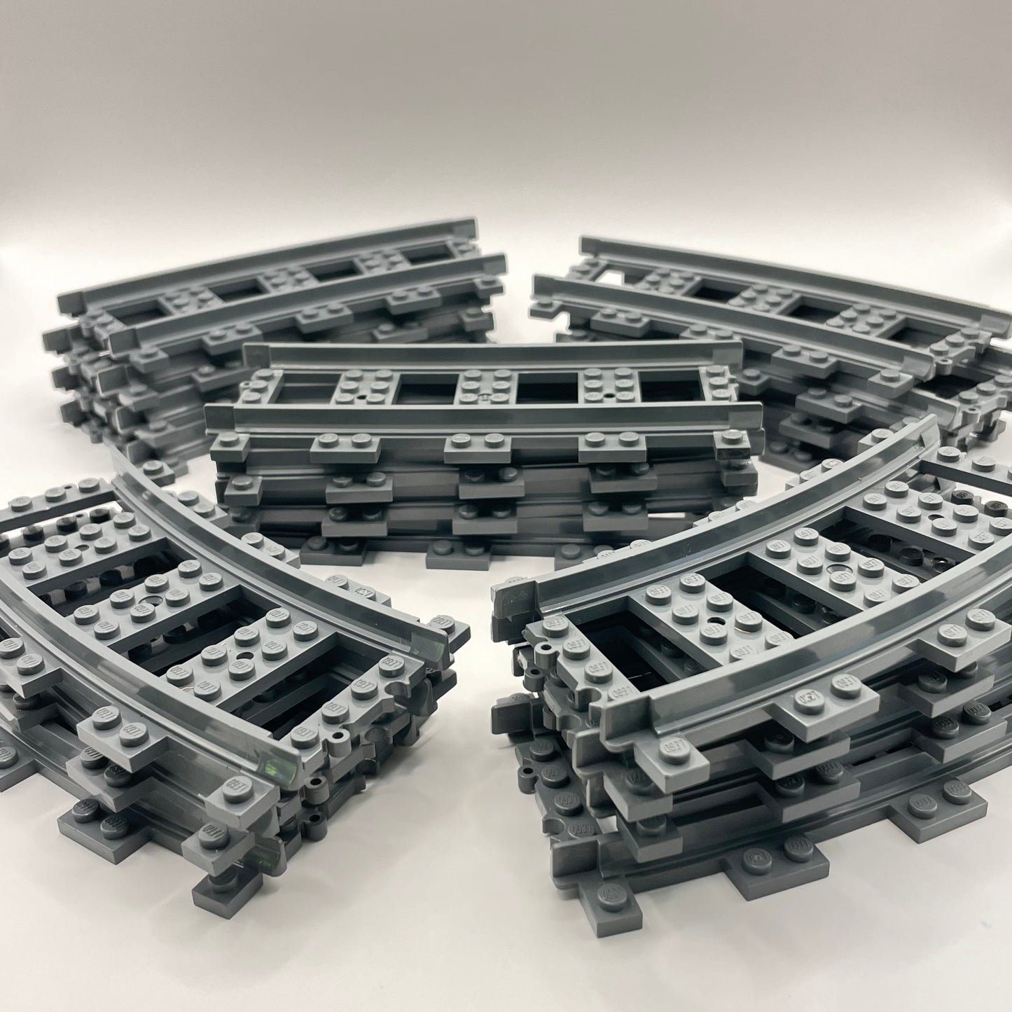 LEGO Train Track, 9V Straight and Curve, Dark Bluish Grey, 4 Straights, 15 Curves, 19 Pieces total.
