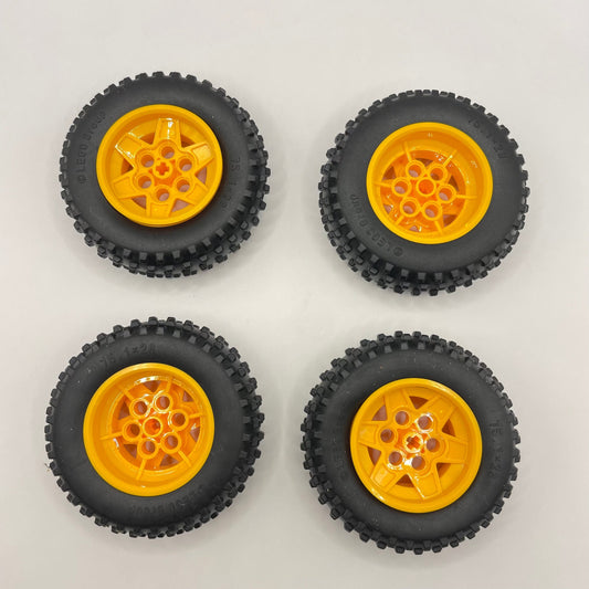 LEGO Spiky Tread Tyres 75.1x28 and Bright Light Orange 6 Pin Hubs, (8 Pieces)