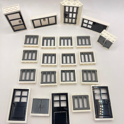 LEGO White Windows and Doors, Black and Grey Inserts, Building, Approx. 90g