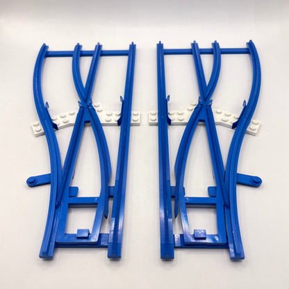 LEGO Right and Left Switch Point, Vintage, Blue and White, 4.5V Train Track, 2 Pieces, some marks.