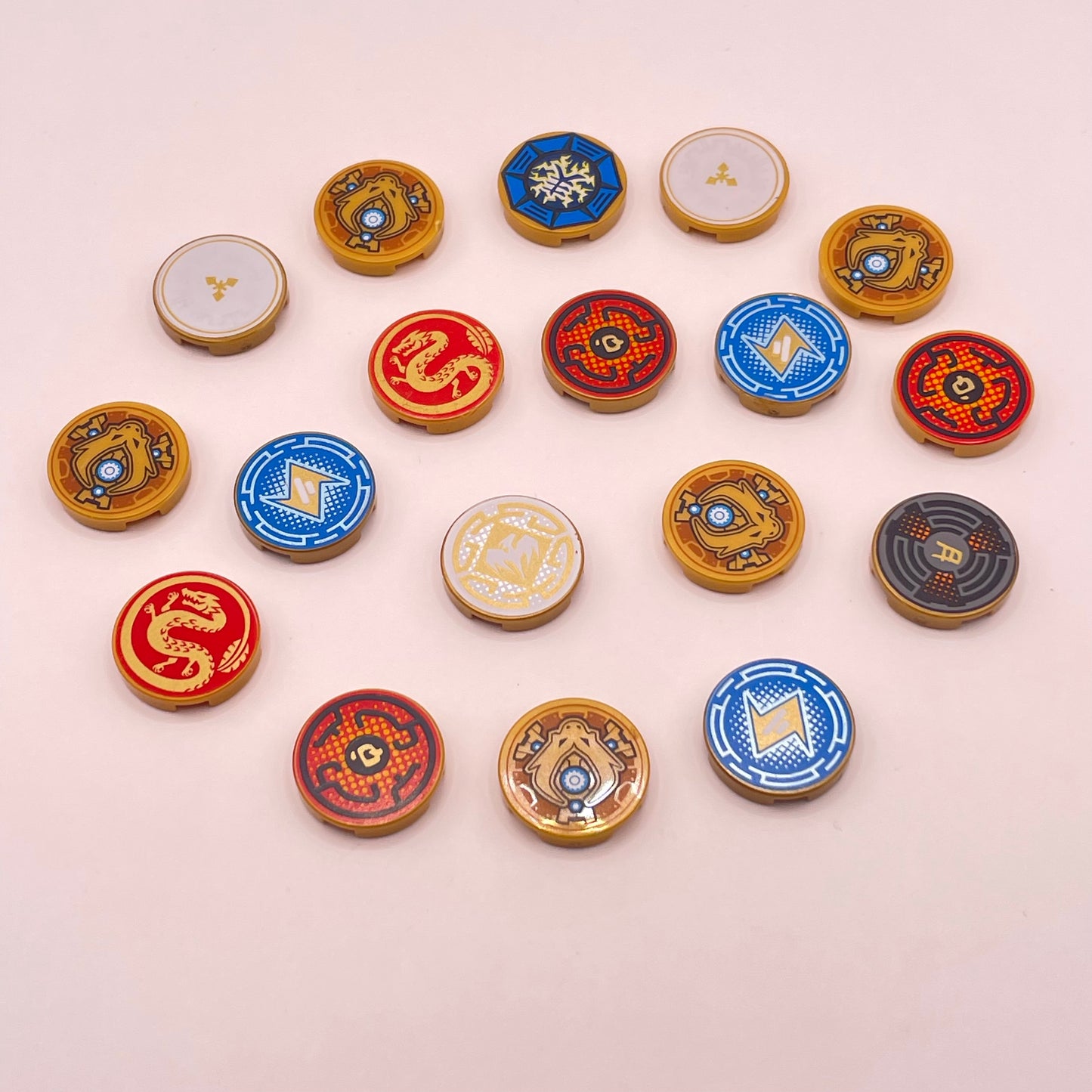 LEGO Printed 2x2 Circle Tiles, Gold,  Ninjago, 16 Pieces