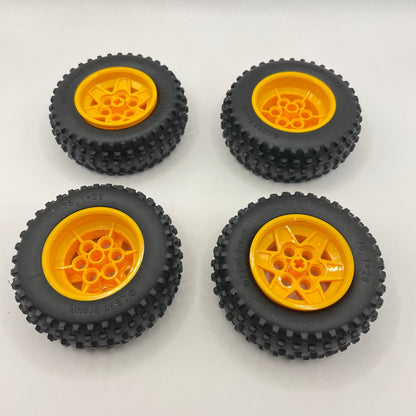 LEGO Spiky Tread Tyres 75.1x28 and Bright Light Orange 6 Pin Hubs, (8 Pieces)