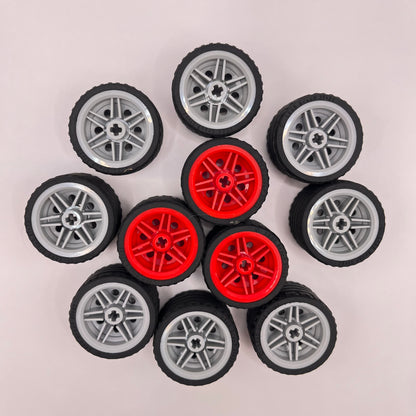LEGO Wheels, Grey and Red Hubs, Vehicle Pieces, Approx. 110g