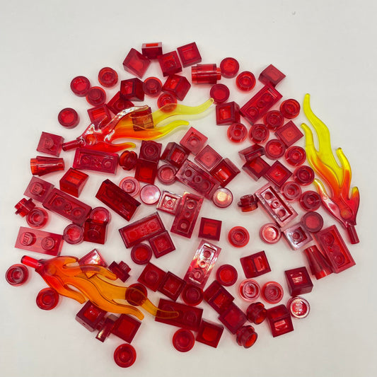 LEGO Transparent Red, Mixed Pieces with Flames, (100 Pieces)