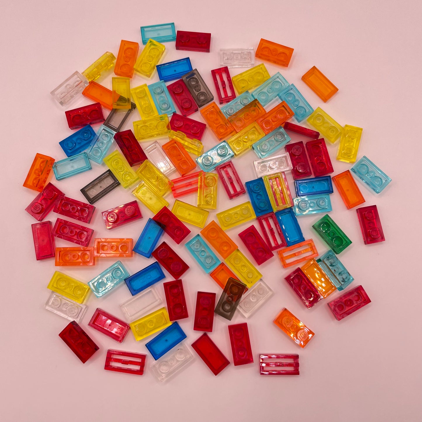 LEGO Mixed Colours Transparent, 1x2 Plates and Tiles, (100 Pieces)